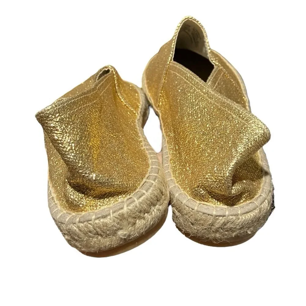 J Crew‎ Shoes 11 Gold Flats Made-in-Spain Espadrille Metallic Canvas Jute BT389